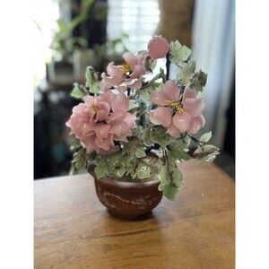 Vintage Jade/Pink Glass Wired Cherry Blossom Flowers 14” High